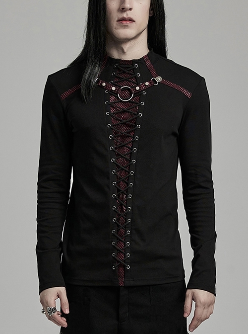 Personalized Black And Red Stretch Knitted Spliced Cracked Leather Mesh Front Metal Ring With Studs And Rope Design Punk Style Long Sleeved T-Shirt