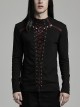 Personalized Black And Red Stretch Knitted Spliced Cracked Leather Mesh Front Metal Ring With Studs And Rope Design Punk Style Long Sleeved T-Shirt