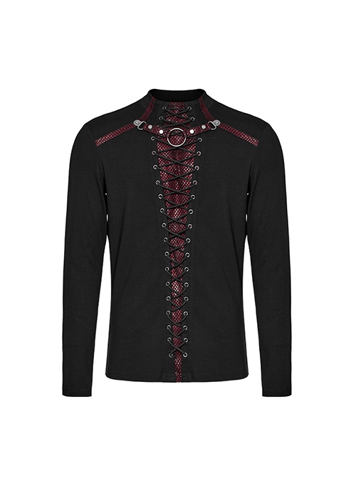 Personalized Black And Red Stretch Knitted Spliced Cracked Leather Mesh Front Metal Ring With Studs And Rope Design Punk Style Long Sleeved T-Shirt