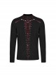 Personalized Black And Red Stretch Knitted Spliced Cracked Leather Mesh Front Metal Ring With Studs And Rope Design Punk Style Long Sleeved T-Shirt