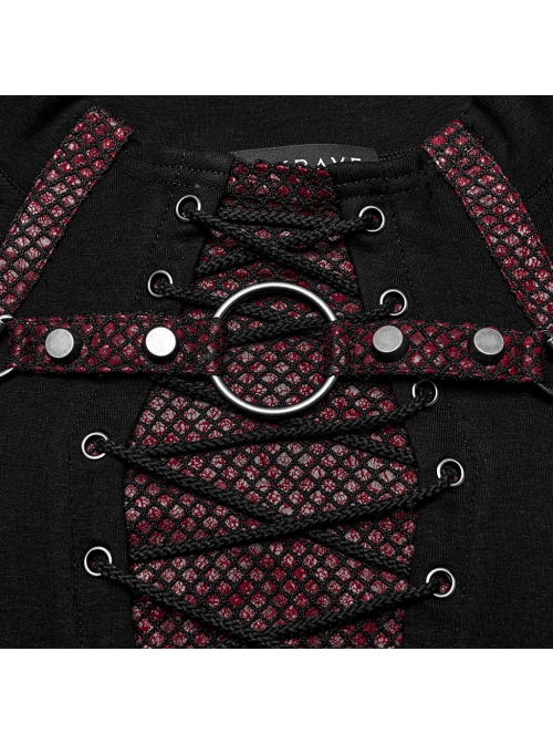 Personalized Black And Red Stretch Knitted Spliced Cracked Leather Mesh Front Metal Ring With Studs And Rope Design Punk Style Long Sleeved T-Shirt