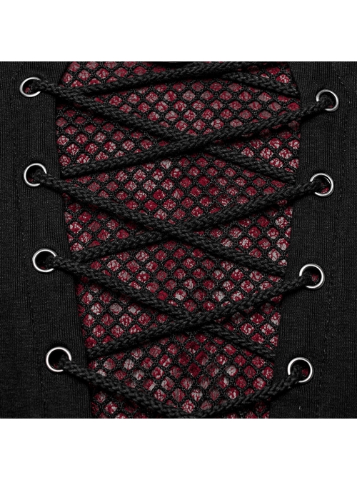 Personalized Black And Red Stretch Knitted Spliced Cracked Leather Mesh Front Metal Ring With Studs And Rope Design Punk Style Long Sleeved T-Shirt