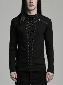 Personalized Black Stretch Knitted Spliced Cracked Leather Mesh Front Metal Ring With Studs And Rope Design Punk Style Long Sleeved T-Shirt