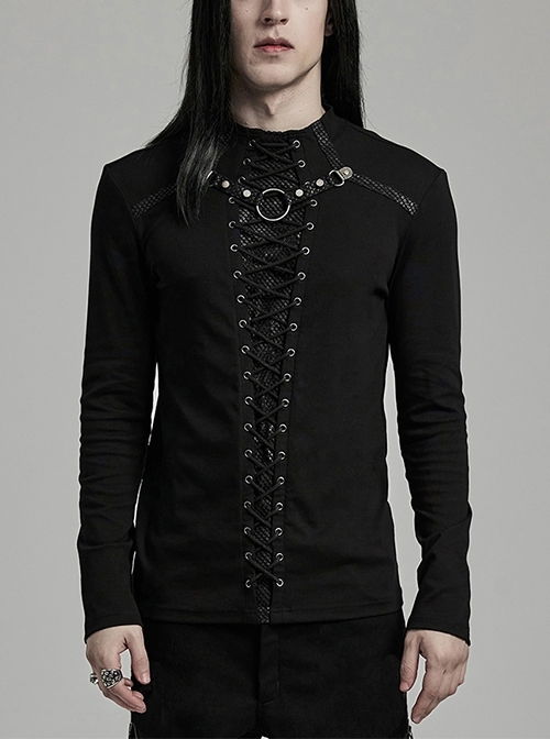 Personalized Black Stretch Knitted Spliced Cracked Leather Mesh Front Metal Ring With Studs And Rope Design Punk Style Long Sleeved T-Shirt
