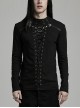Personalized Black Stretch Knitted Spliced Cracked Leather Mesh Front Metal Ring With Studs And Rope Design Punk Style Long Sleeved T-Shirt