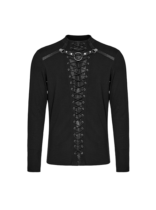 Personalized Black Stretch Knitted Spliced Cracked Leather Mesh Front Metal Ring With Studs And Rope Design Punk Style Long Sleeved T-Shirt