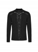 Personalized Black Stretch Knitted Spliced Cracked Leather Mesh Front Metal Ring With Studs And Rope Design Punk Style Long Sleeved T-Shirt