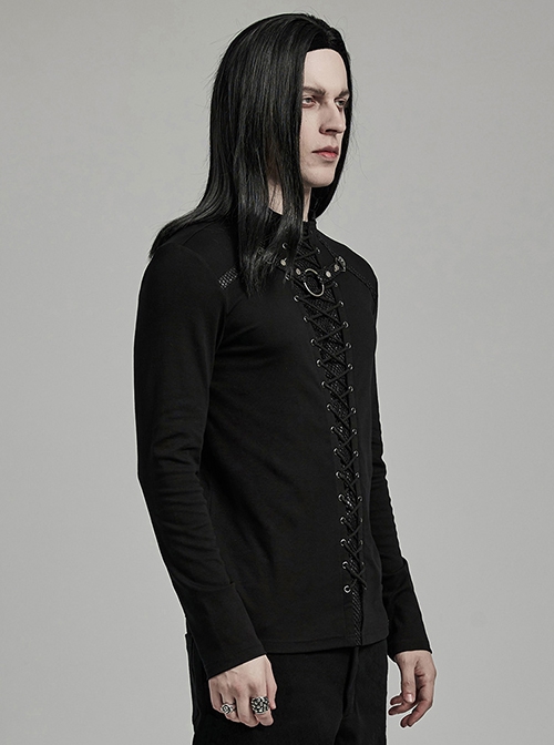 Personalized Black Stretch Knitted Spliced Cracked Leather Mesh Front Metal Ring With Studs And Rope Design Punk Style Long Sleeved T-Shirt