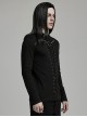 Personalized Black Stretch Knitted Spliced Cracked Leather Mesh Front Metal Ring With Studs And Rope Design Punk Style Long Sleeved T-Shirt