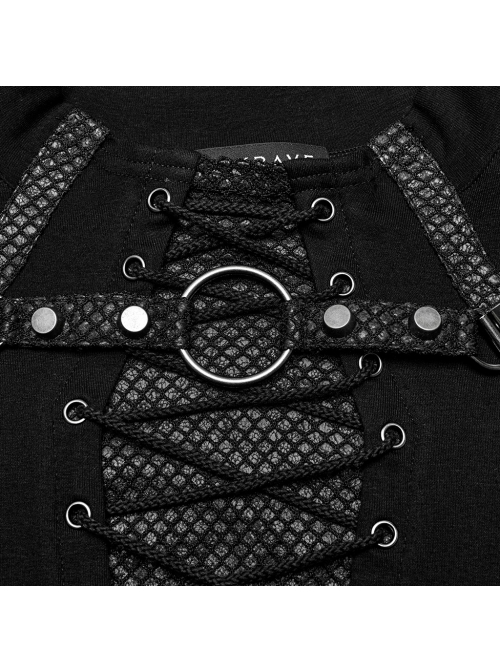 Personalized Black Stretch Knitted Spliced Cracked Leather Mesh Front Metal Ring With Studs And Rope Design Punk Style Long Sleeved T-Shirt