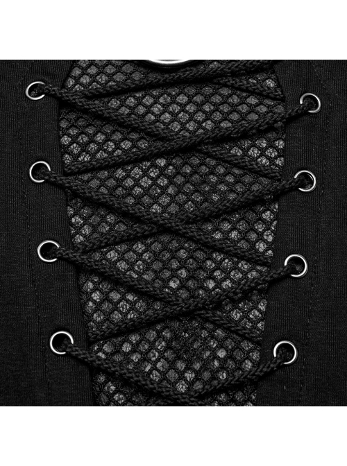 Personalized Black Stretch Knitted Spliced Cracked Leather Mesh Front Metal Ring With Studs And Rope Design Punk Style Long Sleeved T-Shirt