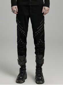 Handsome Black Micro Elastic Woven Splicing Irregular Cracked Leather Front Metal Eyelets Tied With Rope Punk Style Trousers