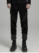 Handsome Black Micro Elastic Woven Splicing Irregular Cracked Leather Front Metal Eyelets Tied With Rope Punk Style Trousers