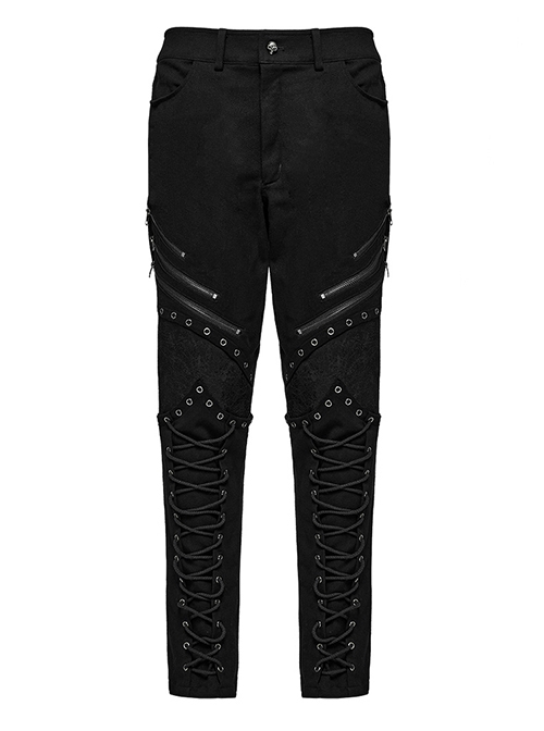Handsome Black Micro Elastic Woven Splicing Irregular Cracked Leather Front Metal Eyelets Tied With Rope Punk Style Trousers