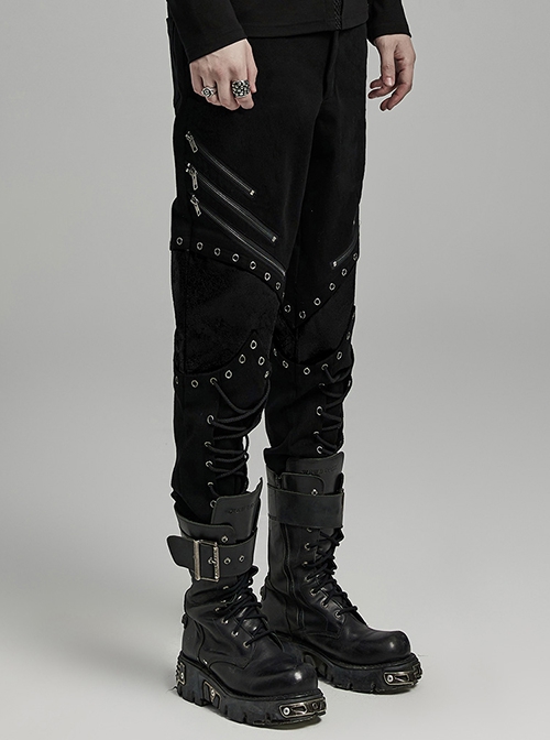 Handsome Black Micro Elastic Woven Splicing Irregular Cracked Leather Front Metal Eyelets Tied With Rope Punk Style Trousers