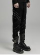 Handsome Black Micro Elastic Woven Splicing Irregular Cracked Leather Front Metal Eyelets Tied With Rope Punk Style Trousers
