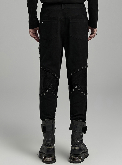 Handsome Black Micro Elastic Woven Splicing Irregular Cracked Leather Front Metal Eyelets Tied With Rope Punk Style Trousers