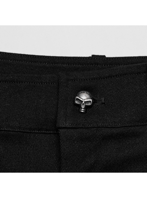 Handsome Black Micro Elastic Woven Splicing Irregular Cracked Leather Front Metal Eyelets Tied With Rope Punk Style Trousers