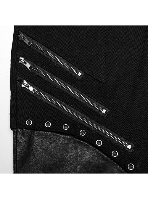 Handsome Black Micro Elastic Woven Splicing Irregular Cracked Leather Front Metal Eyelets Tied With Rope Punk Style Trousers