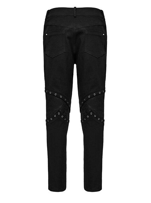 Handsome Black Micro Elastic Woven Splicing Irregular Cracked Leather Front Metal Eyelets Tied With Rope Punk Style Trousers