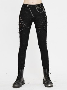 Printed Inclined Placket Removable Chain Asymmetrical Lace-Up Zipper Black Punk Pants