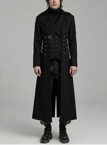 Handsome Black Twill Woven Front Center Webbing Studs With Triangle Buckle And Rope Punk Style Lapel Long Coat