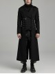 Handsome Black Twill Woven Front Center Webbing Studs With Triangle Buckle And Rope Punk Style Lapel Long Coat