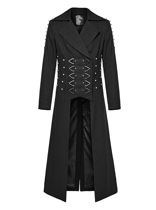 Handsome Black Twill Woven Front Center Webbing Studs With Triangle Buckle And Rope Punk Style Lapel Long Coat