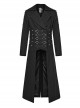 Handsome Black Twill Woven Front Center Webbing Studs With Triangle Buckle And Rope Punk Style Lapel Long Coat