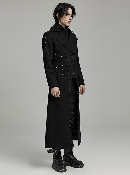 Handsome Black Twill Woven Front Center Webbing Studs With Triangle Buckle And Rope Punk Style Lapel Long Coat