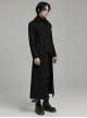 Handsome Black Twill Woven Front Center Webbing Studs With Triangle Buckle And Rope Punk Style Lapel Long Coat