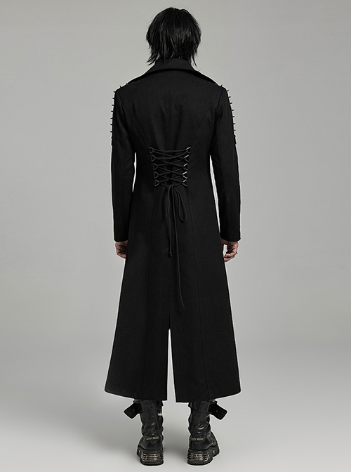 Handsome Black Twill Woven Front Center Webbing Studs With Triangle Buckle And Rope Punk Style Lapel Long Coat