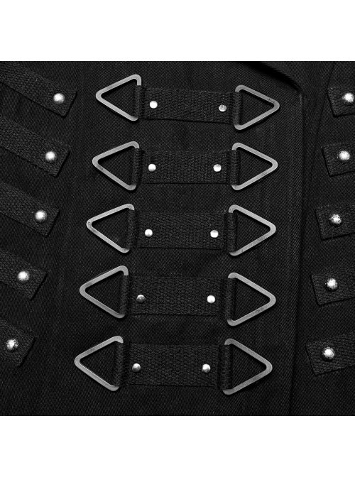 Handsome Black Twill Woven Front Center Webbing Studs With Triangle Buckle And Rope Punk Style Lapel Long Coat