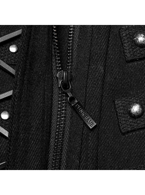 Handsome Black Twill Woven Front Center Webbing Studs With Triangle Buckle And Rope Punk Style Lapel Long Coat