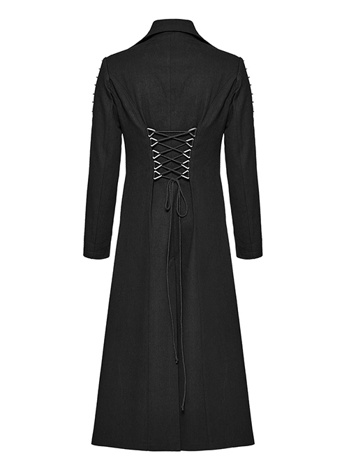Handsome Black Twill Woven Front Center Webbing Studs With Triangle Buckle And Rope Punk Style Lapel Long Coat