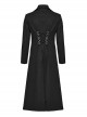 Handsome Black Twill Woven Front Center Webbing Studs With Triangle Buckle And Rope Punk Style Lapel Long Coat