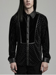 Black Striped Velvet Paneled Punk Style Fitted Long Sleeved Shirt