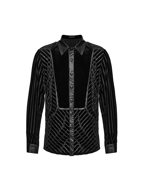 Black Striped Velvet Paneled Punk Style Fitted Long Sleeved Shirt