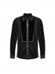 Black Striped Velvet Paneled Punk Style Fitted Long Sleeved Shirt