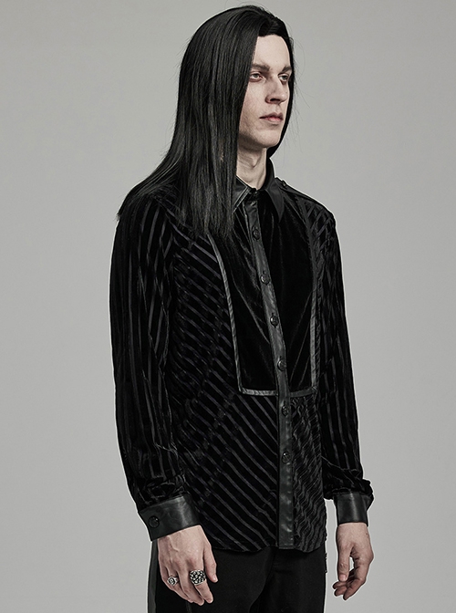 Black Striped Velvet Paneled Punk Style Fitted Long Sleeved Shirt