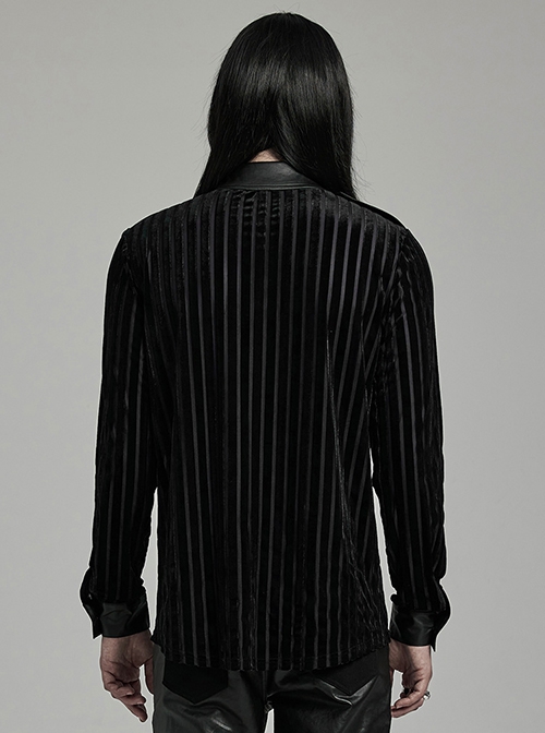 Black Striped Velvet Paneled Punk Style Fitted Long Sleeved Shirt