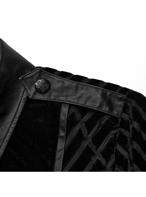 Black Striped Velvet Paneled Punk Style Fitted Long Sleeved Shirt