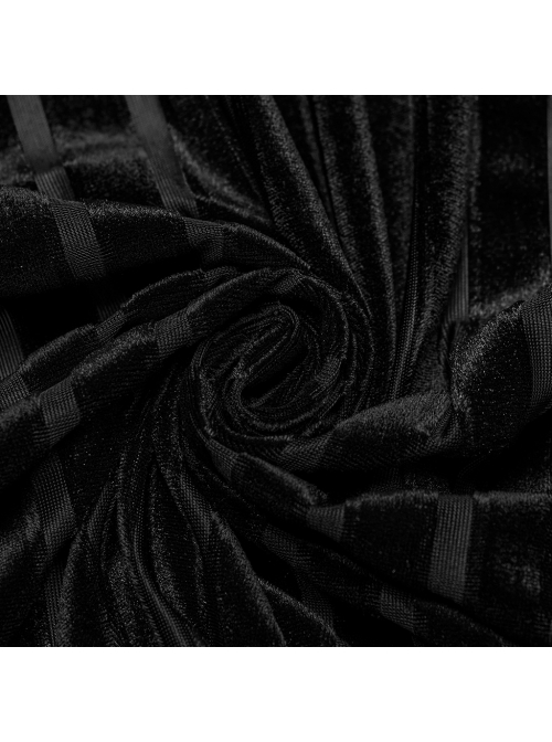 Black Striped Velvet Paneled Punk Style Fitted Long Sleeved Shirt