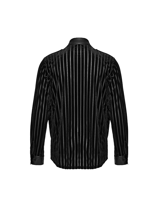 Black Striped Velvet Paneled Punk Style Fitted Long Sleeved Shirt
