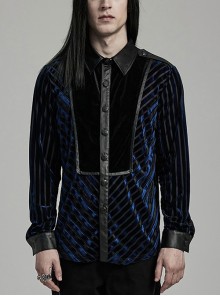 Black And Blue Striped Velvet Paneled Punk Style Fitted Long Sleeved Shirt