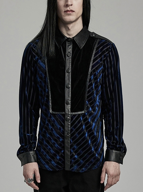 Black And Blue Striped Velvet Paneled Punk Style Fitted Long Sleeved Shirt