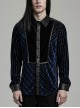 Black And Blue Striped Velvet Paneled Punk Style Fitted Long Sleeved Shirt