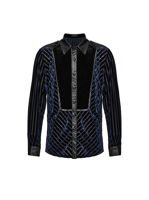 Black And Blue Striped Velvet Paneled Punk Style Fitted Long Sleeved Shirt