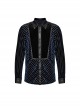 Black And Blue Striped Velvet Paneled Punk Style Fitted Long Sleeved Shirt