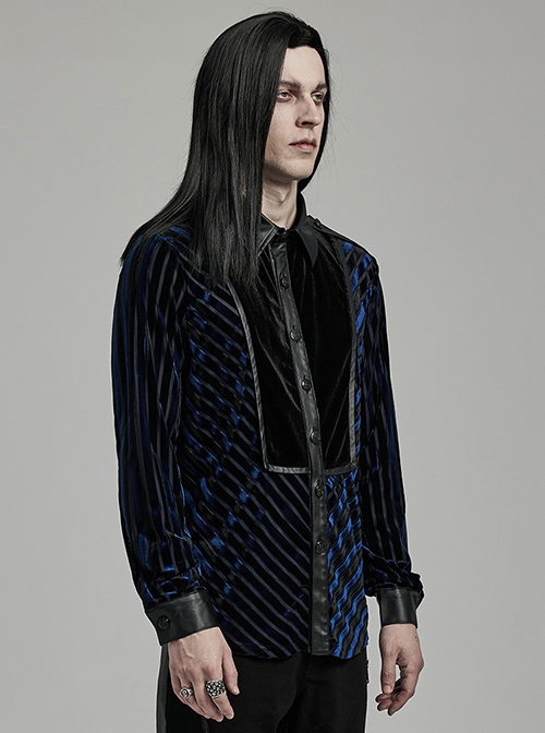 Black And Blue Striped Velvet Paneled Punk Style Fitted Long Sleeved Shirt
